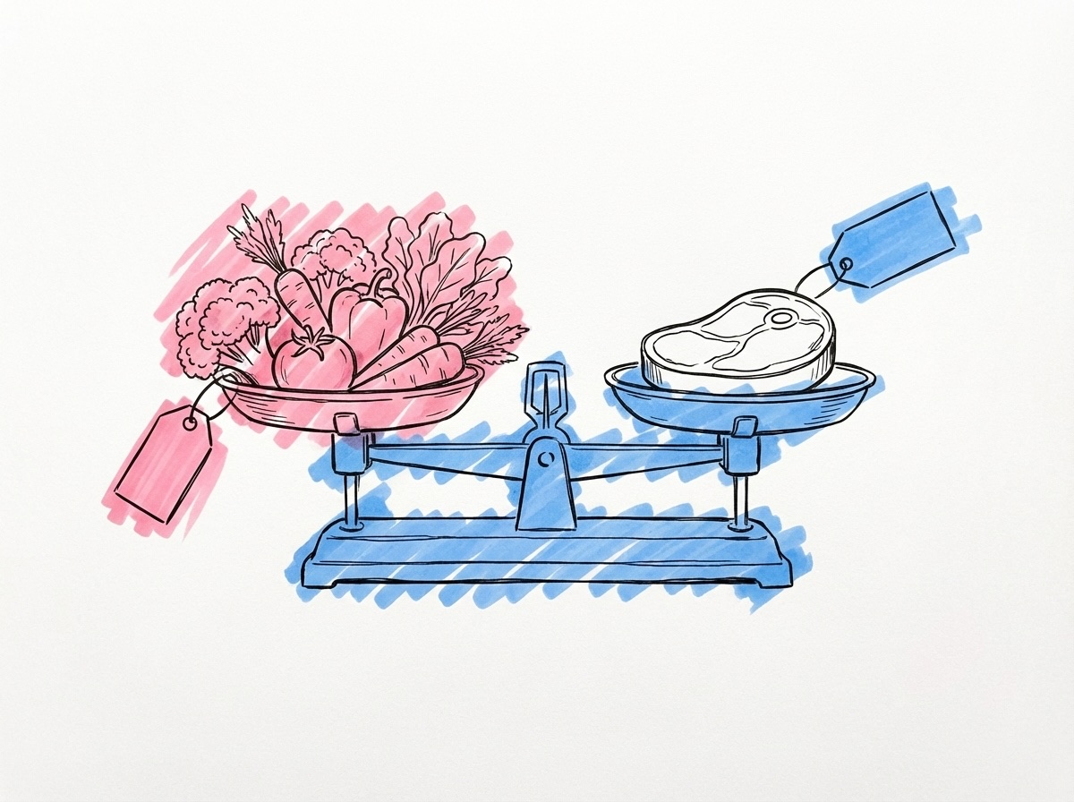 Två prislappar sida vid sida, en fäst vid grönsaker och den andra vid en biff, med en balansvåg emellan, i Lovios rosa och blå illustrationsstil