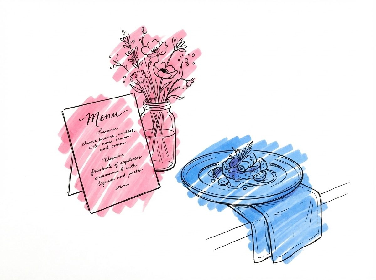 Ett handskrivet menykort lutat mot en liten vas med vildblommor, med en upplagd förrätt bredvid, i Lovios rosa och blå illustrationsstil