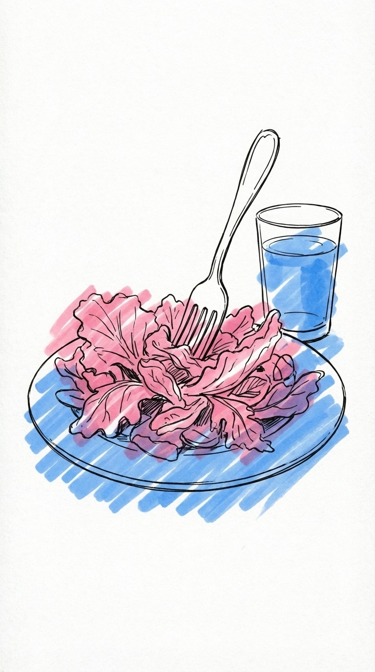 En slokande sallad på en tallrik med en hängande gaffel, i Lovios rosa och blå illustrationsstil