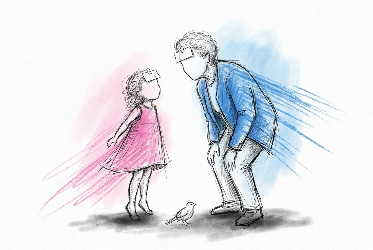 En flergenerationsscen på festen, en mor- eller farförälder och ett barn bär båda en namnlapp på pannan och skrattar tillsammans, lekfull sagobok- och djurstämning, i Lovios rosa och blå illustrationsstil