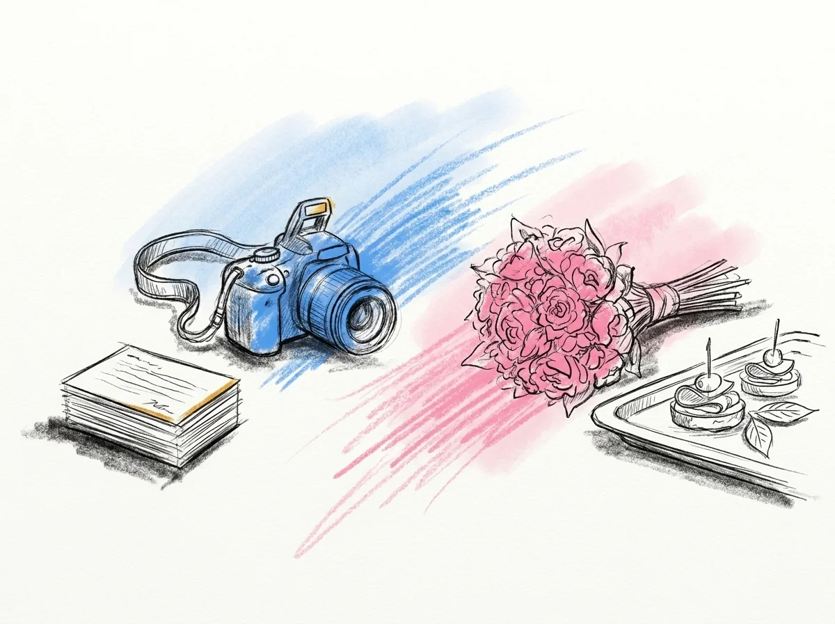 En liten stilleben-gruppering av föremål som antyder olika bröllopsroller, toastmasterns talarkort, en kamera, en bukett och en cateringbricka arrangerade tillsammans, i Lovios rosa och blå illustrationsstil
