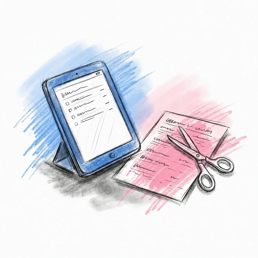 En telefon eller surfplatta öppen på ett enkelt, organiserat dokument som listar namnkategorier, bredvid ett utskrivet ark och en sax, som antyder resan från digital lista till fysiska festförberedelser, i Lovios rosa och blå illustrationsstil