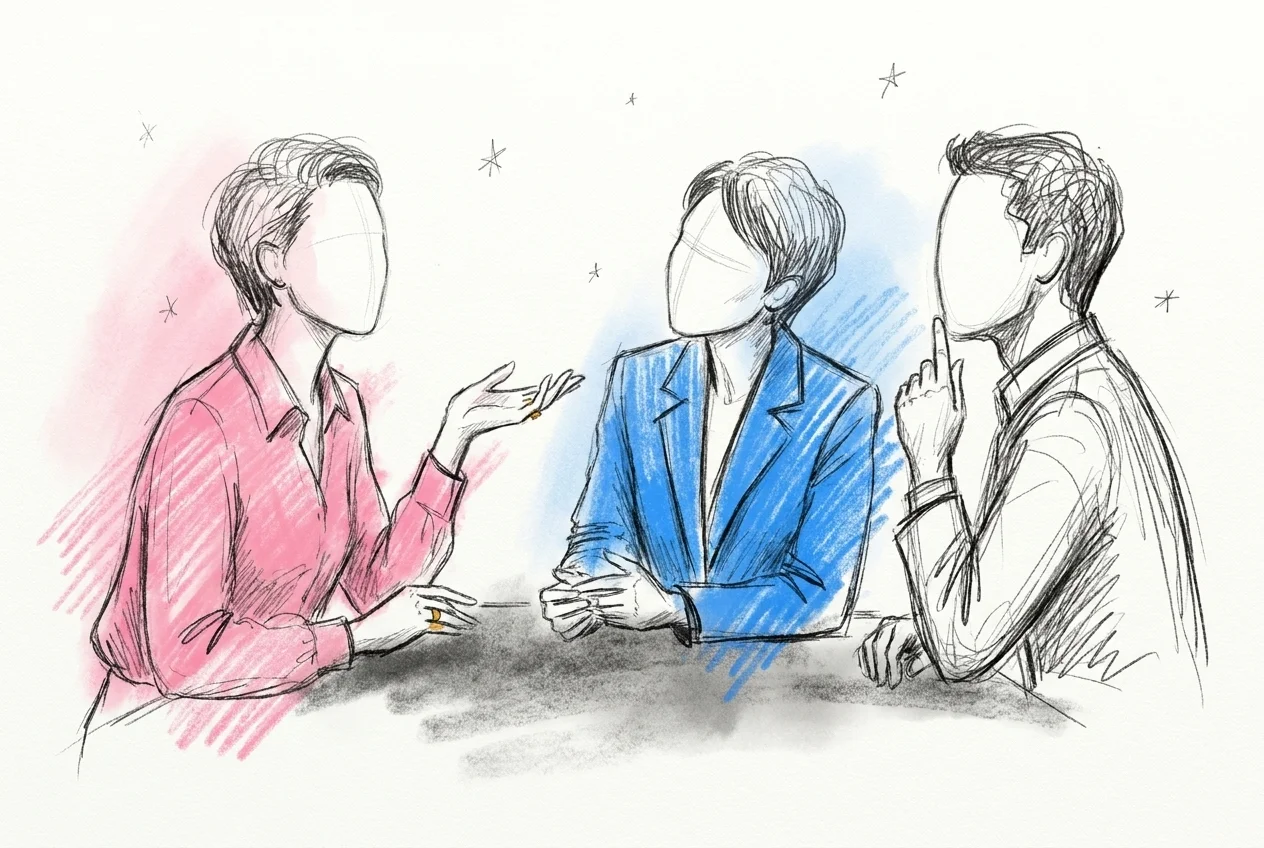 En liten grupp vuxna gäster diskuterar en gissning tillsammans, en gestikulerar som om hen listar ledtrådar, en känsla av rampljus och kändisskap i luften, i Lovios rosa och blå illustrationsstil