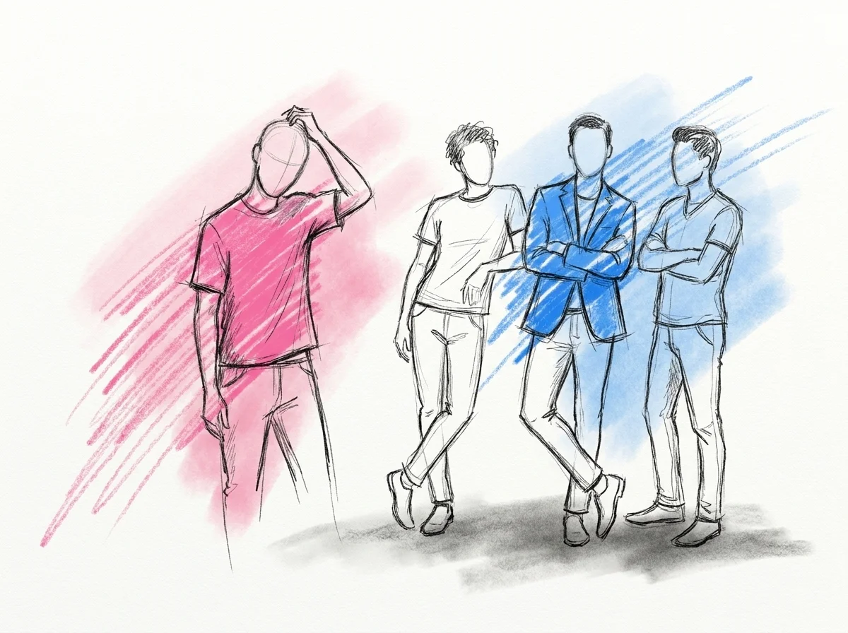 En gäst ser lite fast ut mitt i en fråga medan resten av gruppen väntar tålmodigt, ett lättsamt, icke-genant ögonblick av att fastna på ett svårt namn, i Lovios rosa och blå illustrationsstil