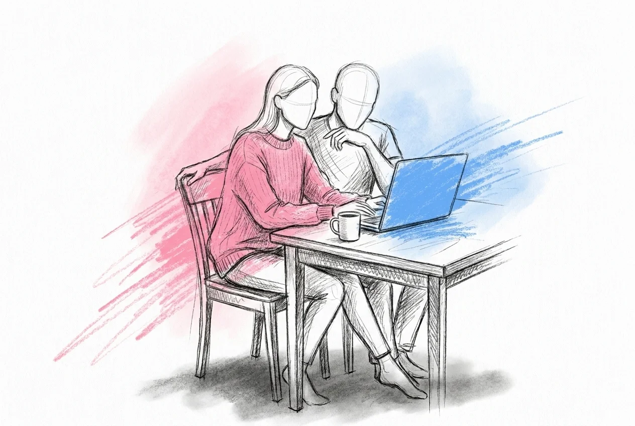 Par vid köksbordet som går igenom sin egen ekonomi och sparpengar på en laptop