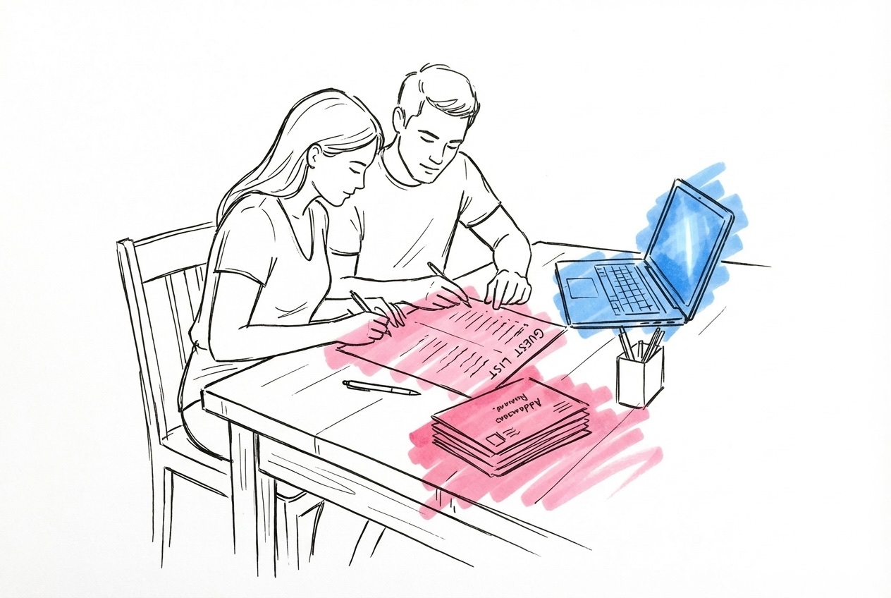 Par som sitter tillsammans vid ett skrivbord och granskar en gästlista med adresserade kuvert och en bärbar dator i Lovios rosa och blå illustrationsstil