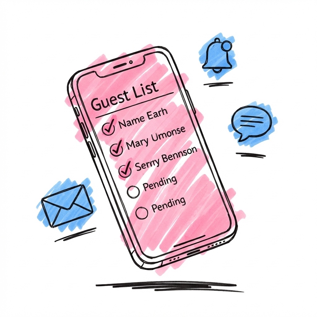 Telefon med gästlistegränssnitt med bockar och väntande indikatorer omgiven av små ikoner för kuvert, klocka och chattbubbla i Lovios rosa och blå illustrationsstil