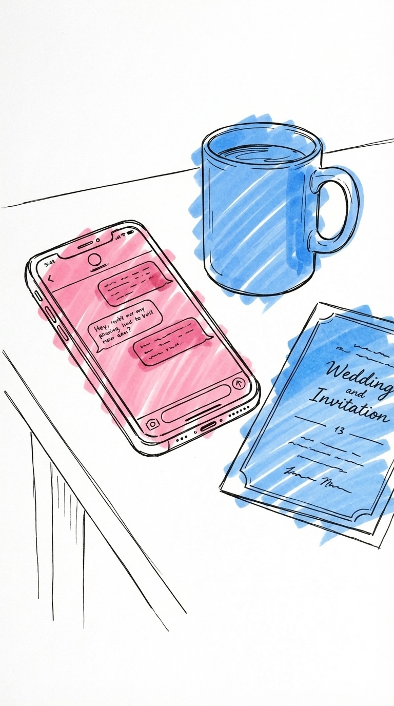 Telefon med SMS-konversation med pratbubblor och ett frågetecken, liggande på ett bord bredvid en kaffekopp och en bröllopsinbjudan i Lovios rosa och blå illustrationsstil