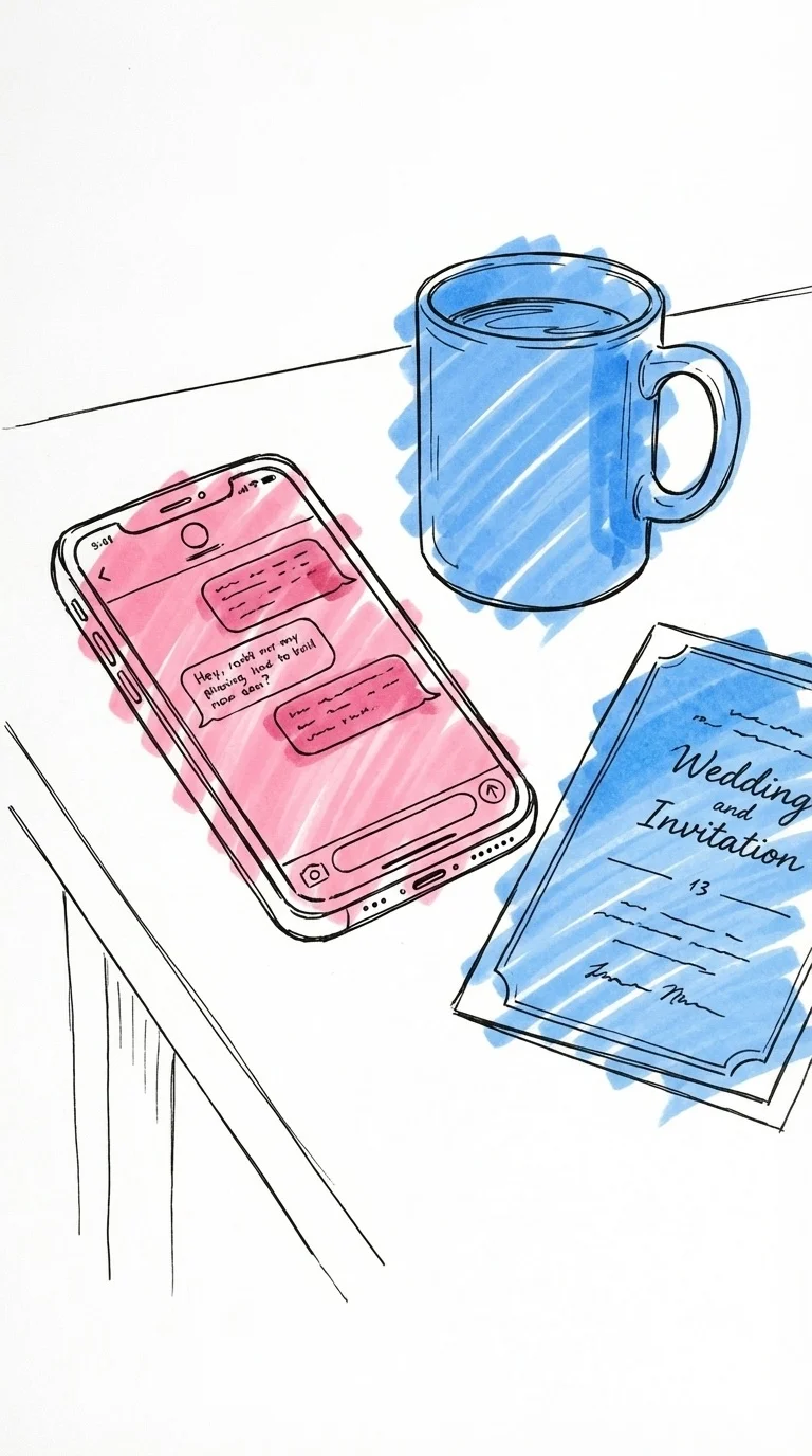 Telefon med SMS-konversation med pratbubblor och ett frågetecken, liggande på ett bord bredvid en kaffekopp och en bröllopsinbjudan i Lovios rosa och blå illustrationsstil