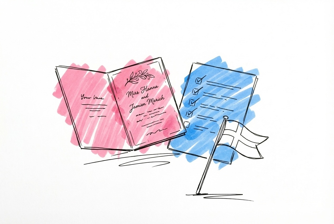 Öppen bröllopsinbjudan bredvid en checklista och en liten svensk flaggvimpel i Lovios rosa och blå illustrationsstil