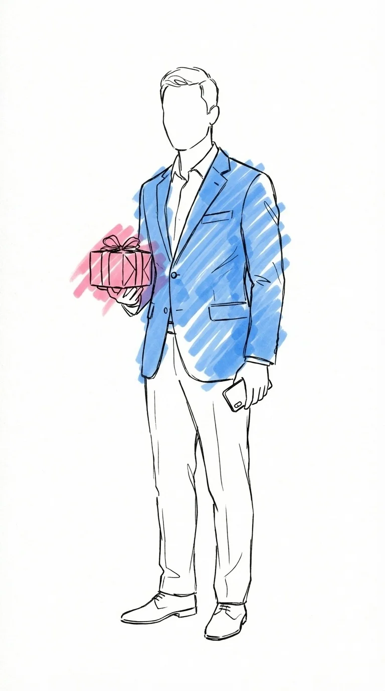 Bröllopsgäst i elegant klädsel med en inslagen present i ena handen och en telefon med skärmen nedåt i den andra i Lovios rosa och blå illustrationsstil
