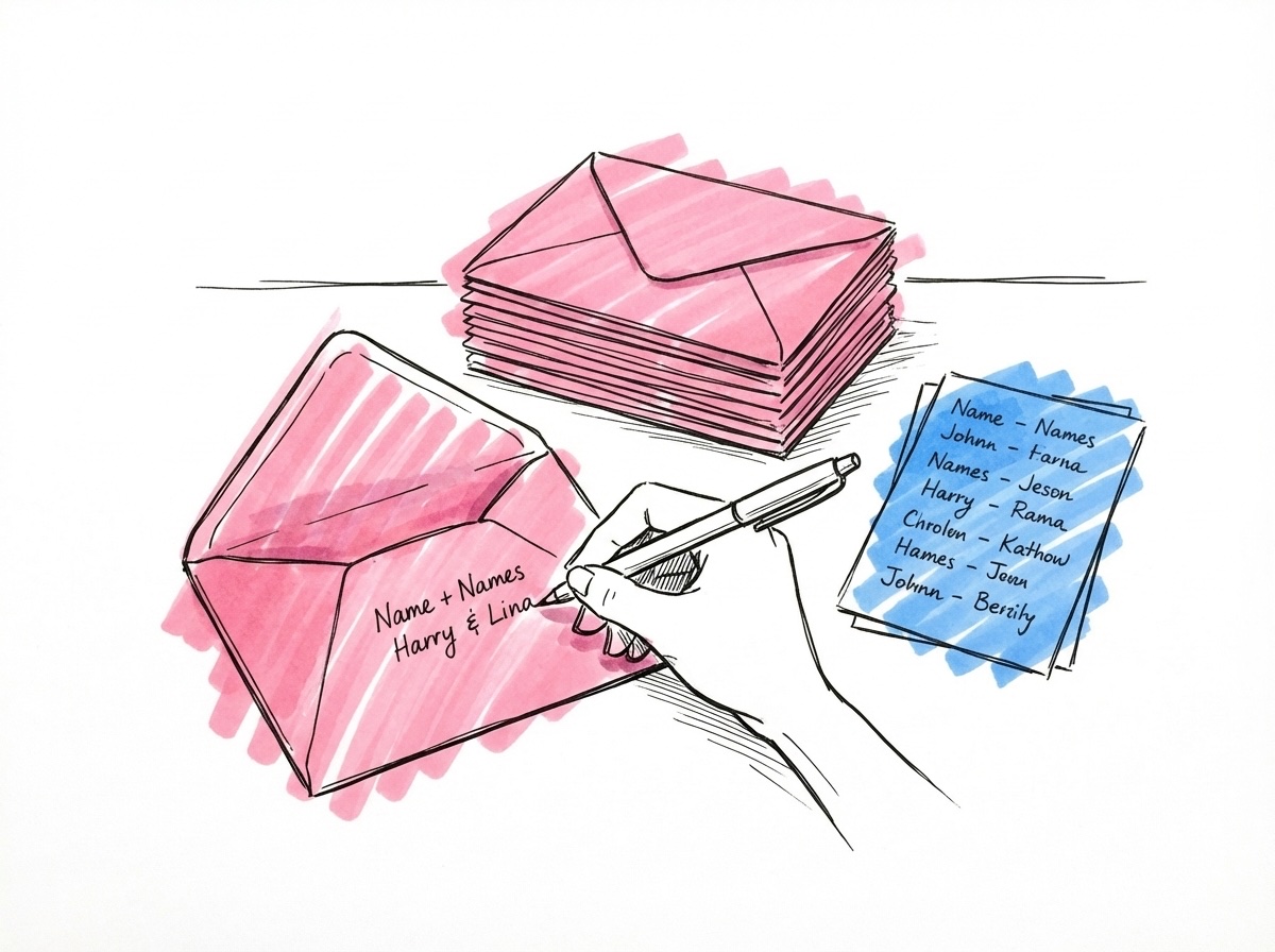 Hand som skriver namn på individuella inbjudningskuvert med en prydlig trave av förseglade kuvert bredvid i Lovios rosa och blå illustrationsstil