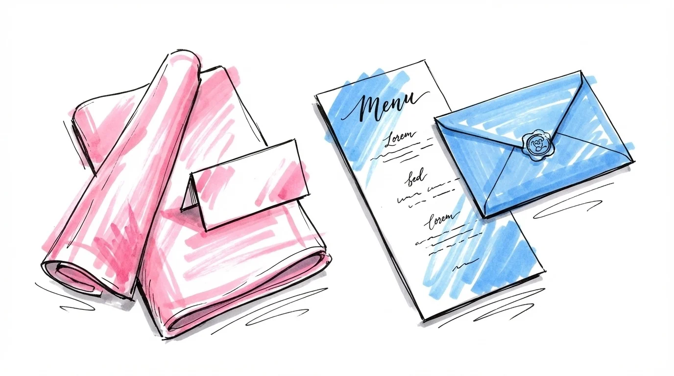 Elegant bröllopsdukningmed placeringskort, vikt servett, menycard och OSA-kuvert i Lovios rosa och blå illustrationsstil