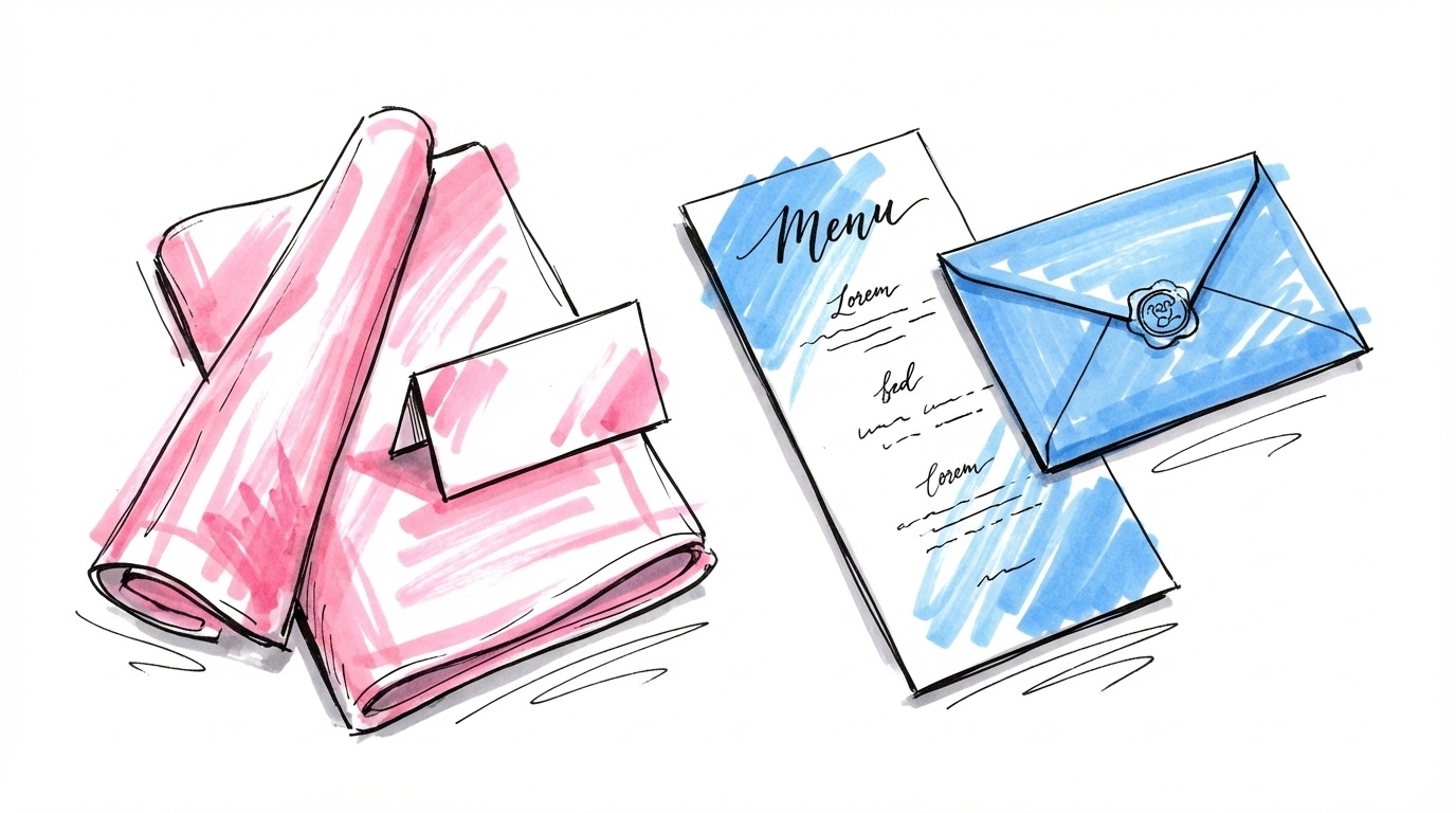 Elegant bröllopsdukningmed placeringskort, vikt servett, menycard och OSA-kuvert i Lovios rosa och blå illustrationsstil