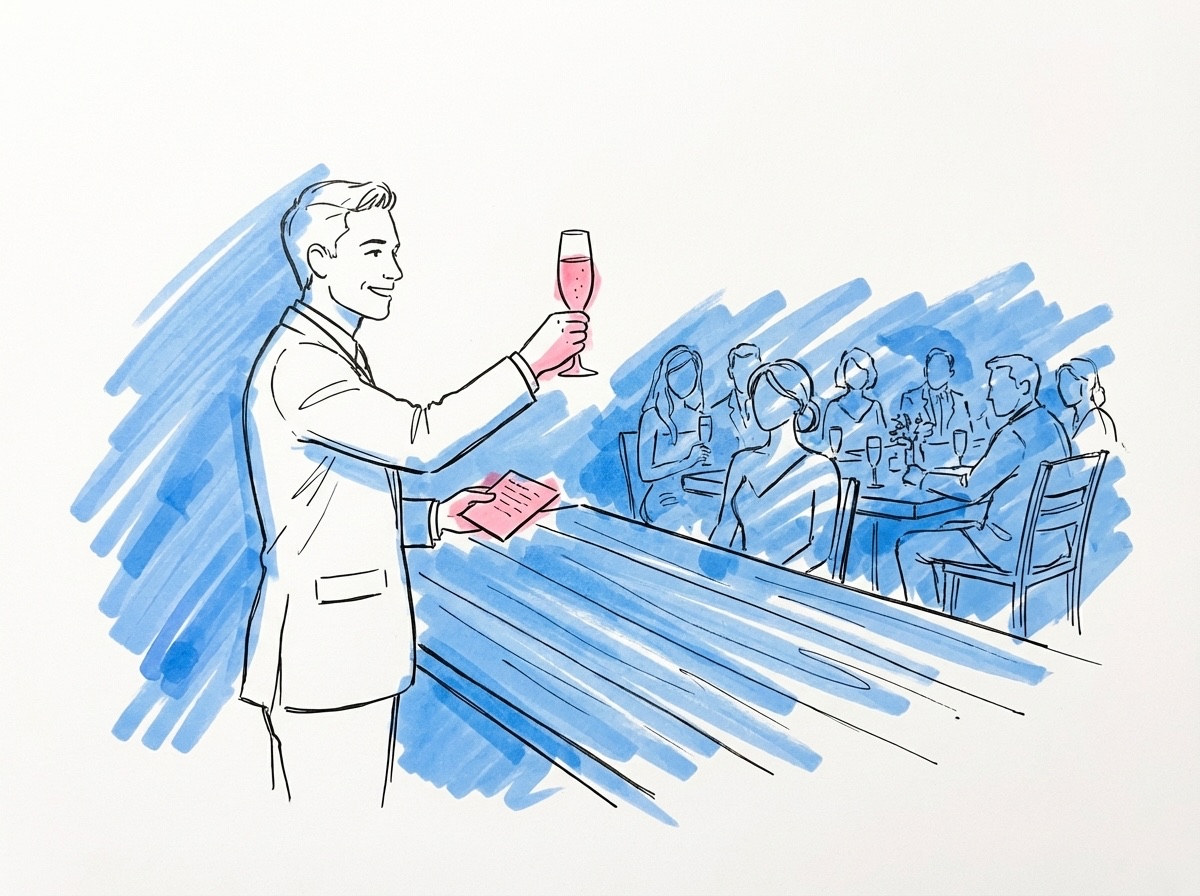 Person som står vid ett bord och håller ett litet talkort i ena handen och höjer ett champagneglas med den andra, sittande gäster i bakgrunden i Lovios rosa och blå illustrationsstil