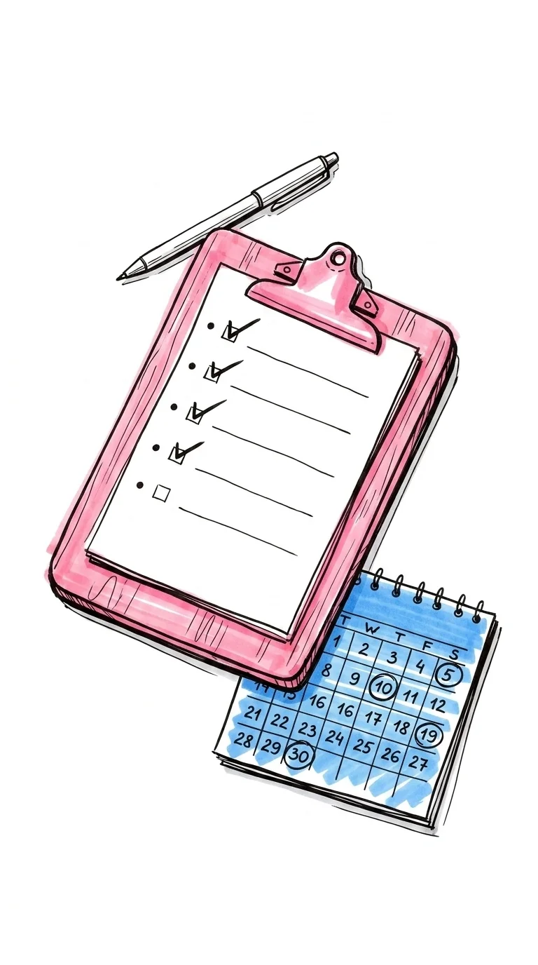 Clipboard med checklista där några rutor är bockade, en kalenderlapp och en penna som vilar ovanpå i Lovios illustrationsstil