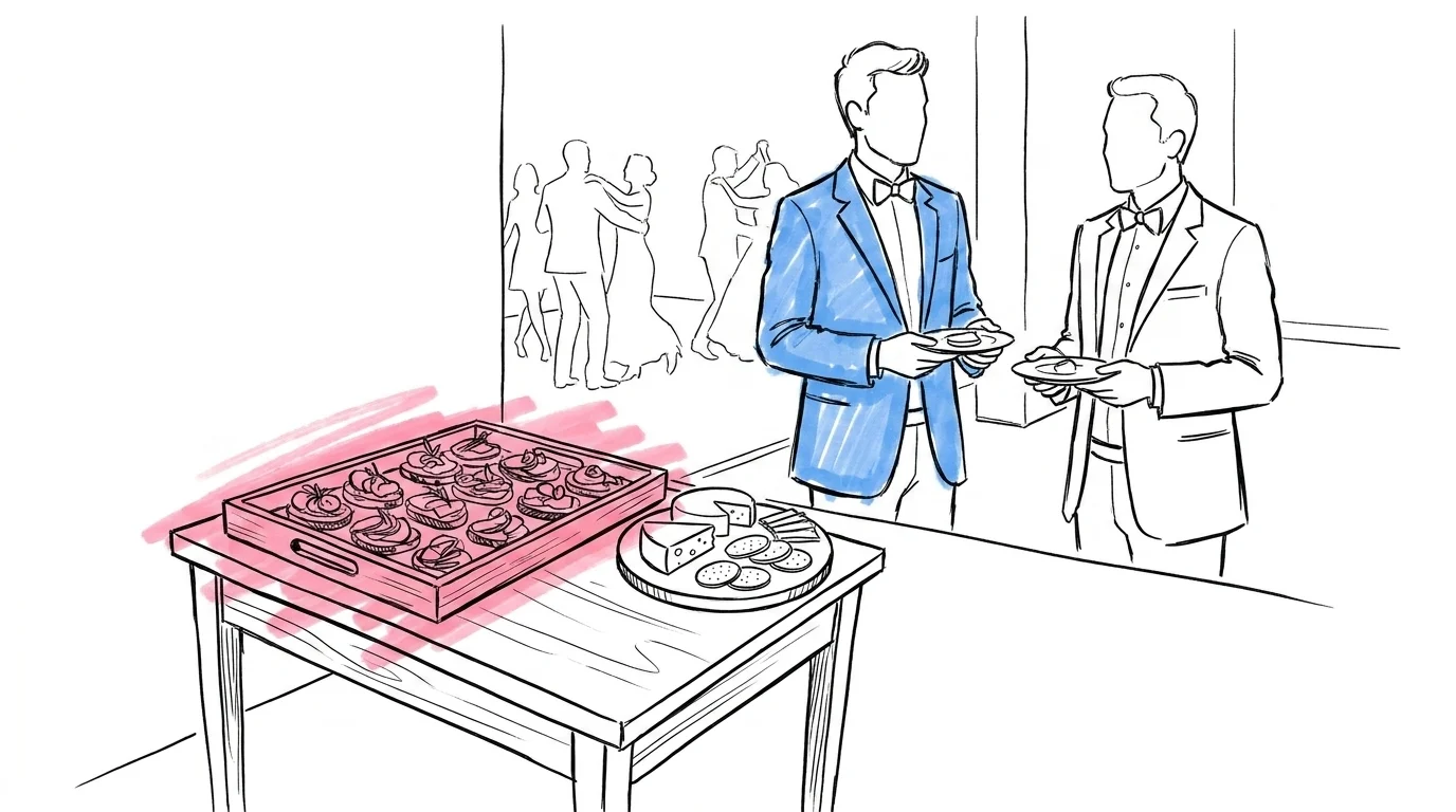 Sent på kvällen vid en bröllopsfest — ett serveringsbord med smörrebröd och en ostbricka i förgrunden, gäster med tallrikar och dansgolvets ljus i bakgrunden i Lovios illustrationsstil