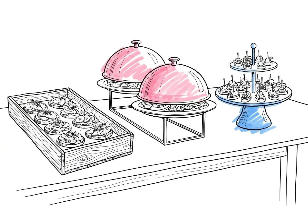 Tre olika serveringsupplägg sida vid sida — DIY-bricka med smörrebröd, caterad bricka med cloches och en modern snittbuffé i Lovios illustrationsstil