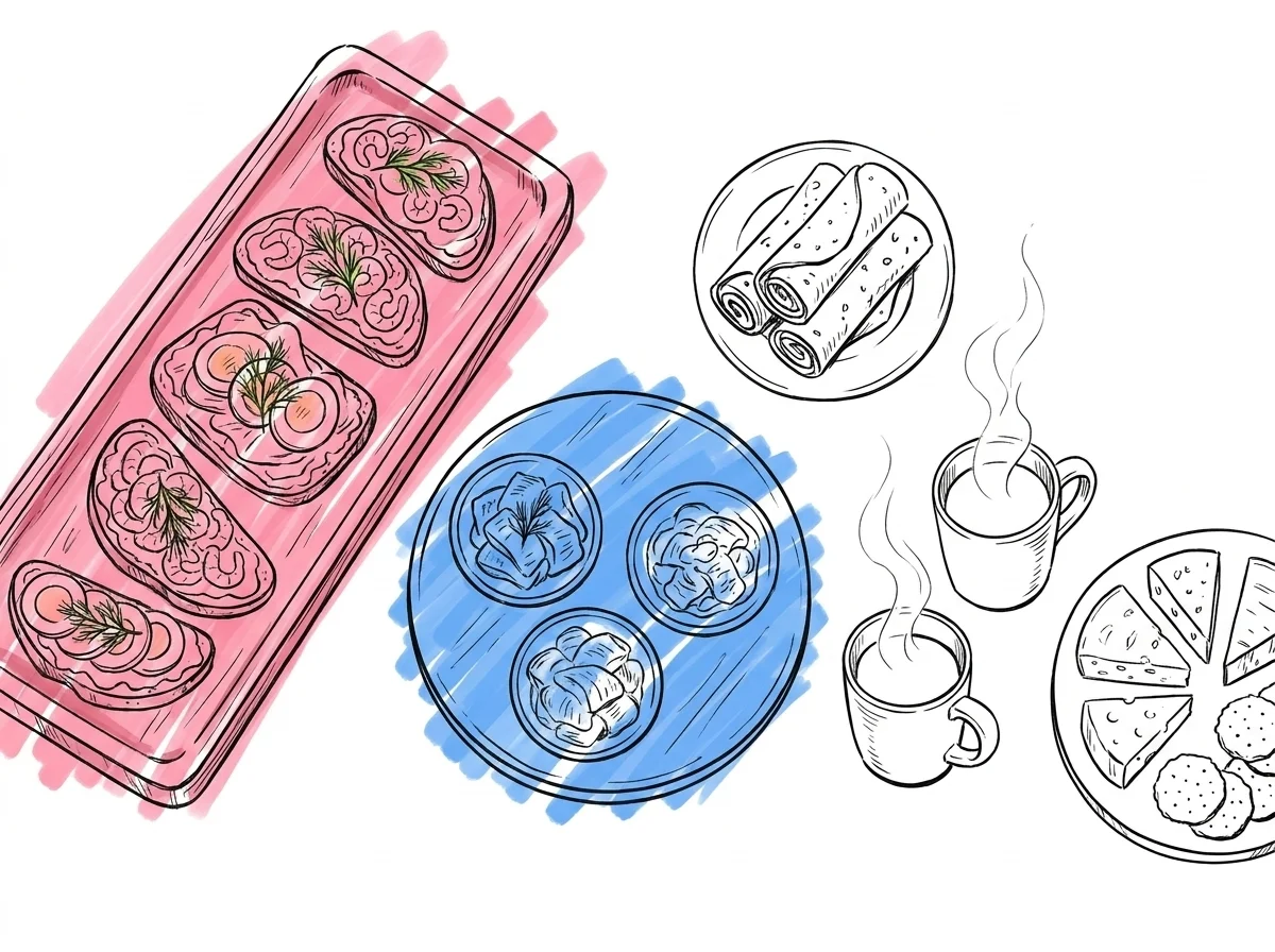 Flatlay sett ovanifrån — smörrebröd på trärbricka, sillbricka med tre små skålar, tunnbrödsrullar, soppmuggar och ostbricka i Lovios illustrationsstil