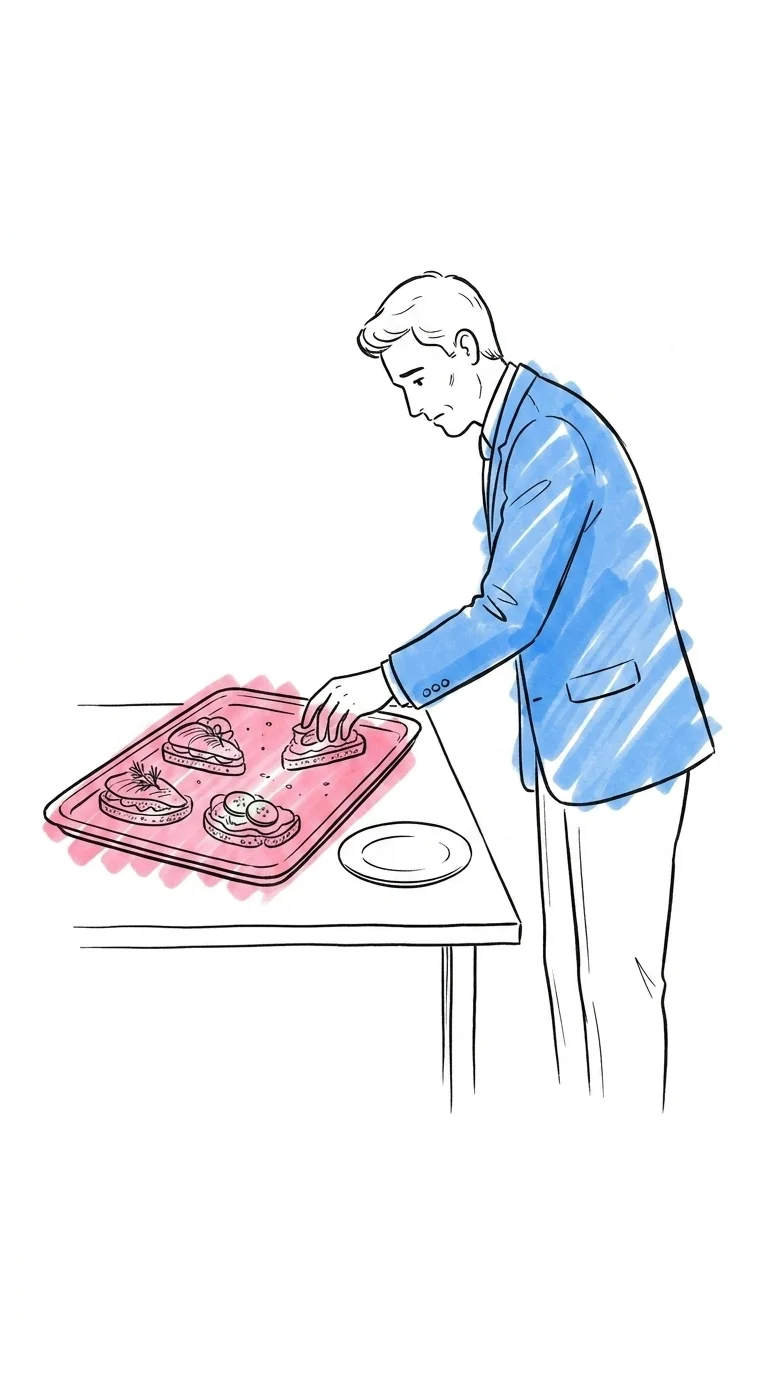 Halvtomt serveringsbord med några sista smörrebröd kvar och en gäst som sträcker sig efter den sista biten i Lovios illustrationsstil