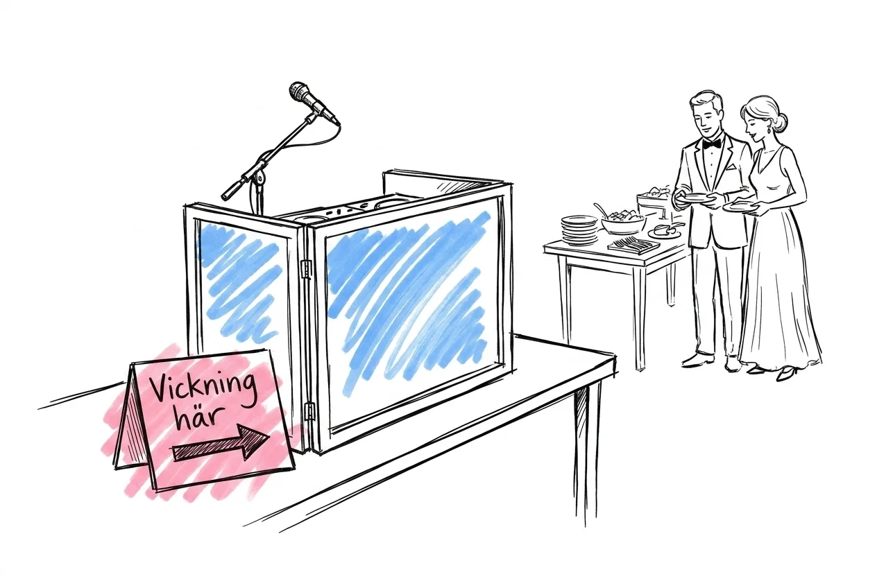 DJ-bås med mikrofon i förgrunden och en handskriven Vickning här-skylt med pil mot ett serveringsbord där gäster samlas i Lovios illustrationsstil