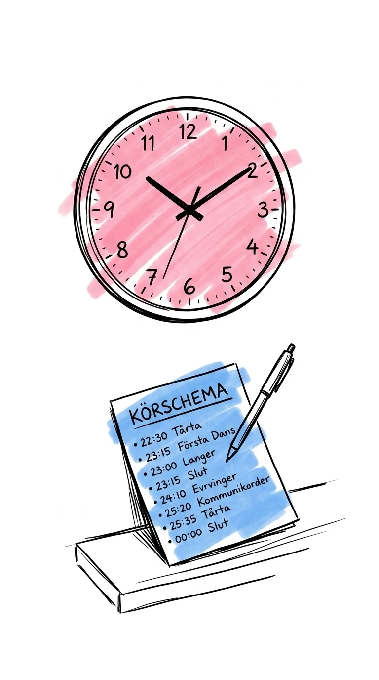 Väggklocka som visar 22:30 bredvid ett tryckt körschema och en kalenderblad i Lovios illustrationsstil