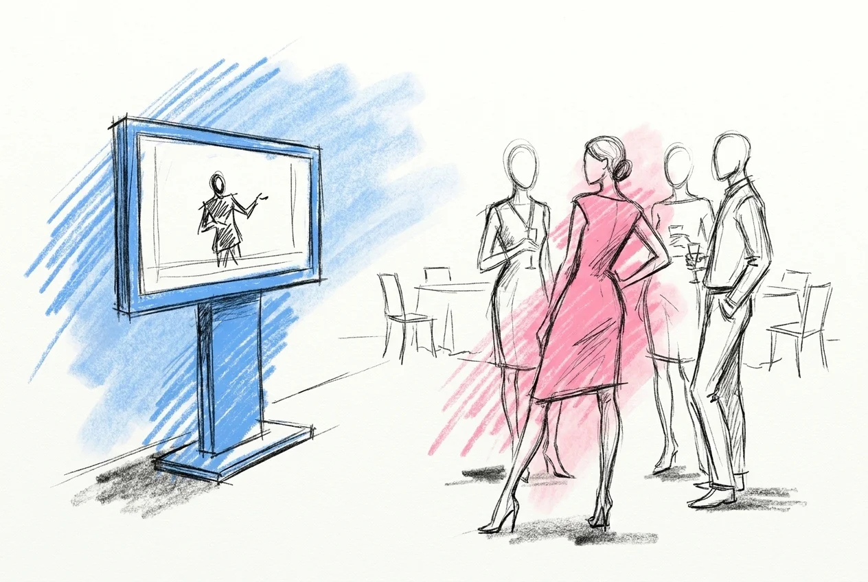 En TV eller projicerad skärm på ett bröllop som visar en videohälsning mitt i uppspelning, med gäster som minglar och tittar mot skärmen i bakgrunden, i Lovios rosa och blå illustrationsstil