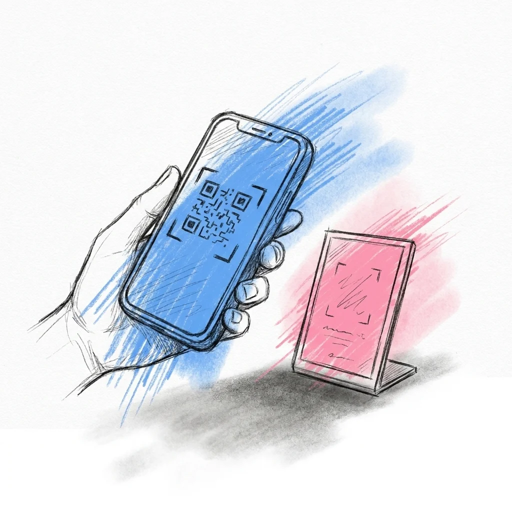 Telefonskärm som visar en pågående QR-skanning bredvid en liten printad skylt, redo att spela in en videohälsning direkt, i Lovios rosa och blå illustrationsstil