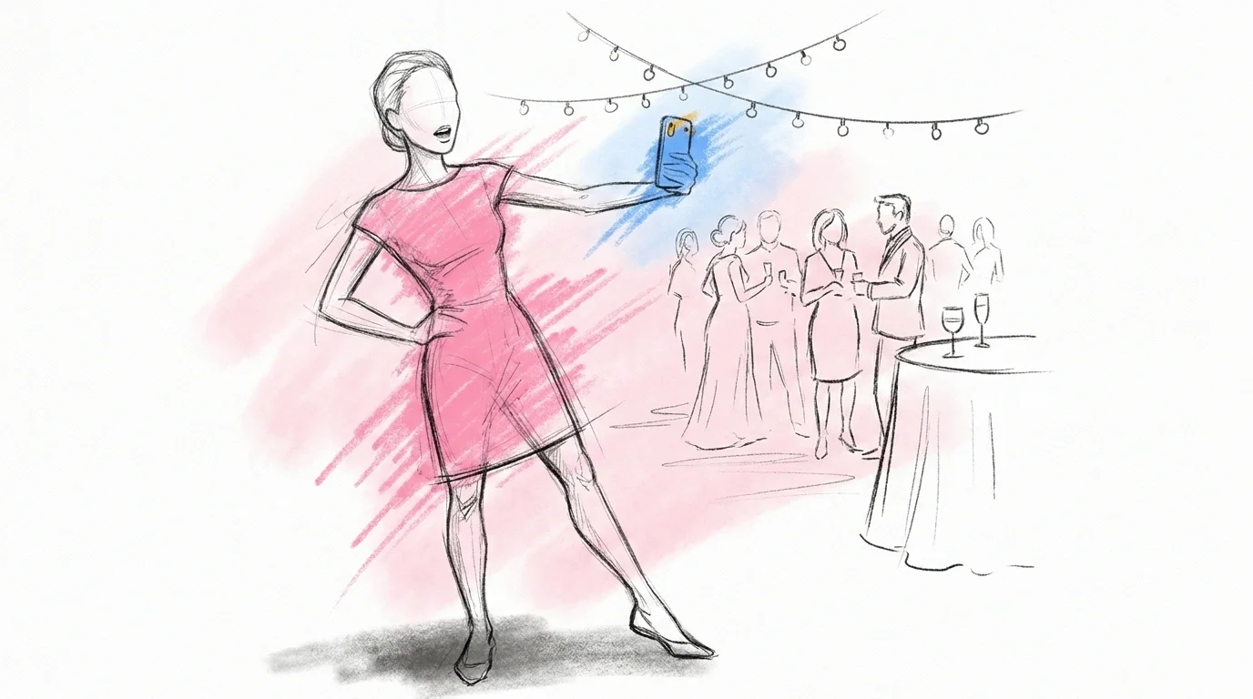 Bröllopsgäst som håller upp mobilen på armlängds avstånd och filmar sig själv le mitt i en mening, med en varm bröllopsfest i bakgrunden, i Lovios rosa och blå illustrationsstil