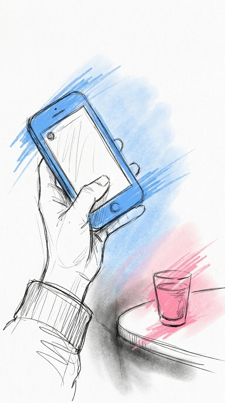 Närbild på en hand som håller en mobil mitt i en inspelning, med kameravyn synlig på skärmen, sittande lugnt vid ett litet bord eller en bar, i Lovios rosa och blå illustrationsstil
