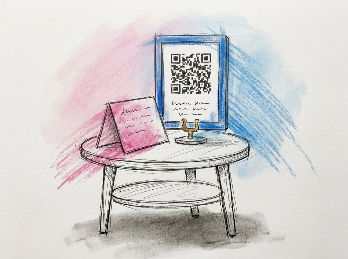 Uppställd printad skylt på ett litet bord med en QR-kod och en numrerad instruktionslista, med en frågelista upprest bredvid, i Lovios rosa och blå illustrationsstil