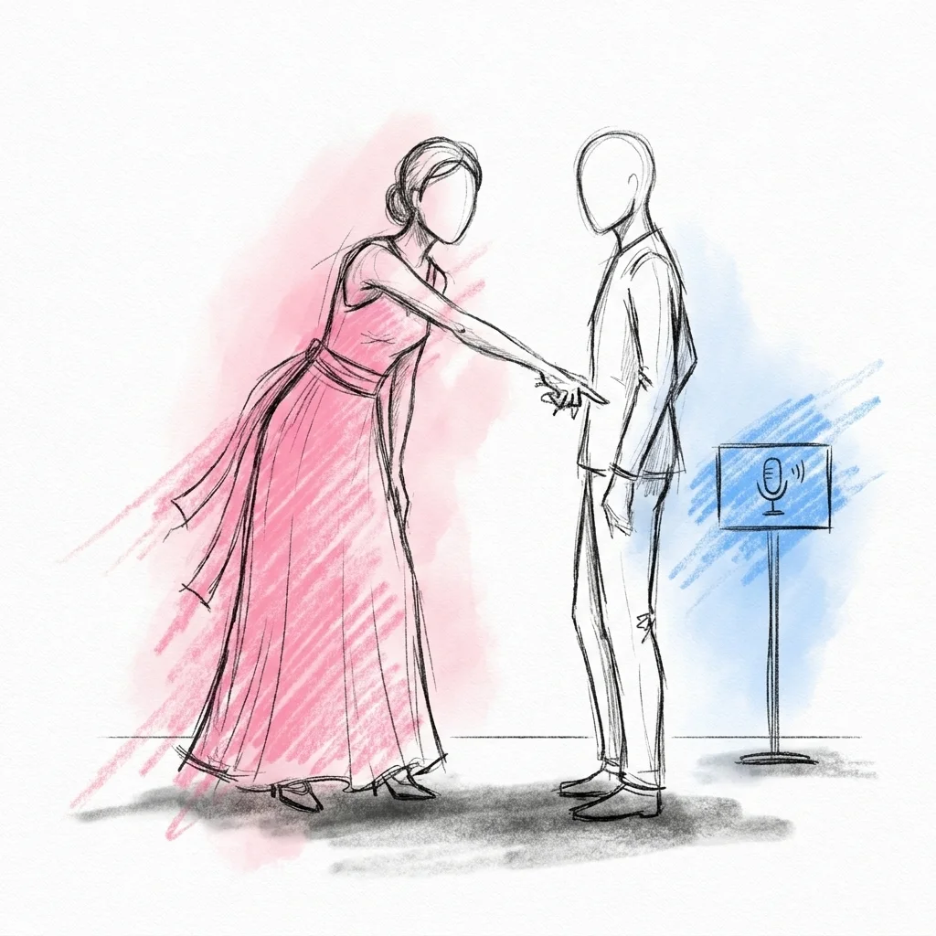 En toastmaster eller brudnäbb som lutar sig fram och vänligt påminner en gäst om videostationen, i Lovios rosa och blå illustrationsstil
