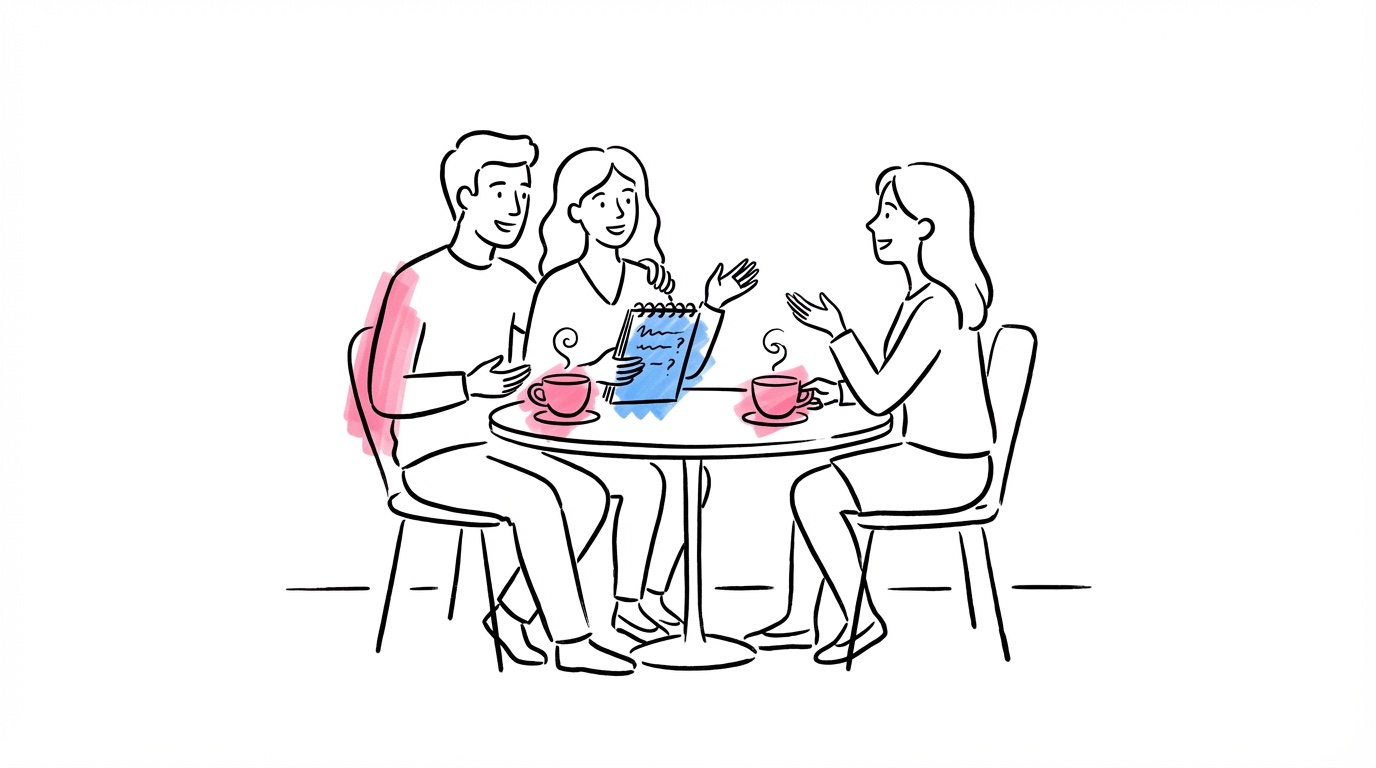 Par sitter mitt emot en vigselförrättare på ett kafé med anteckningsblock och kaffekoppar