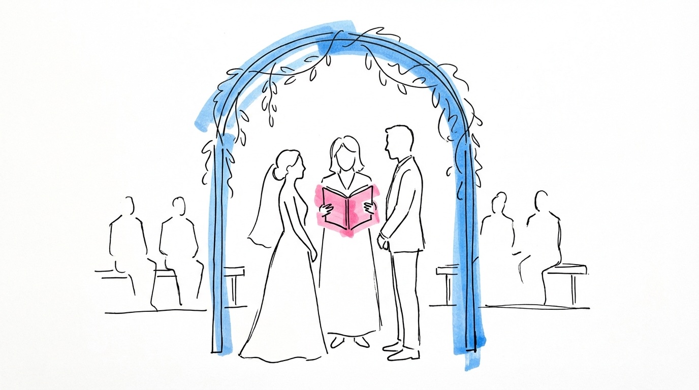 Par står ansikte mot ansikte under utomhusceremoni med vigselförrättare emellan sig