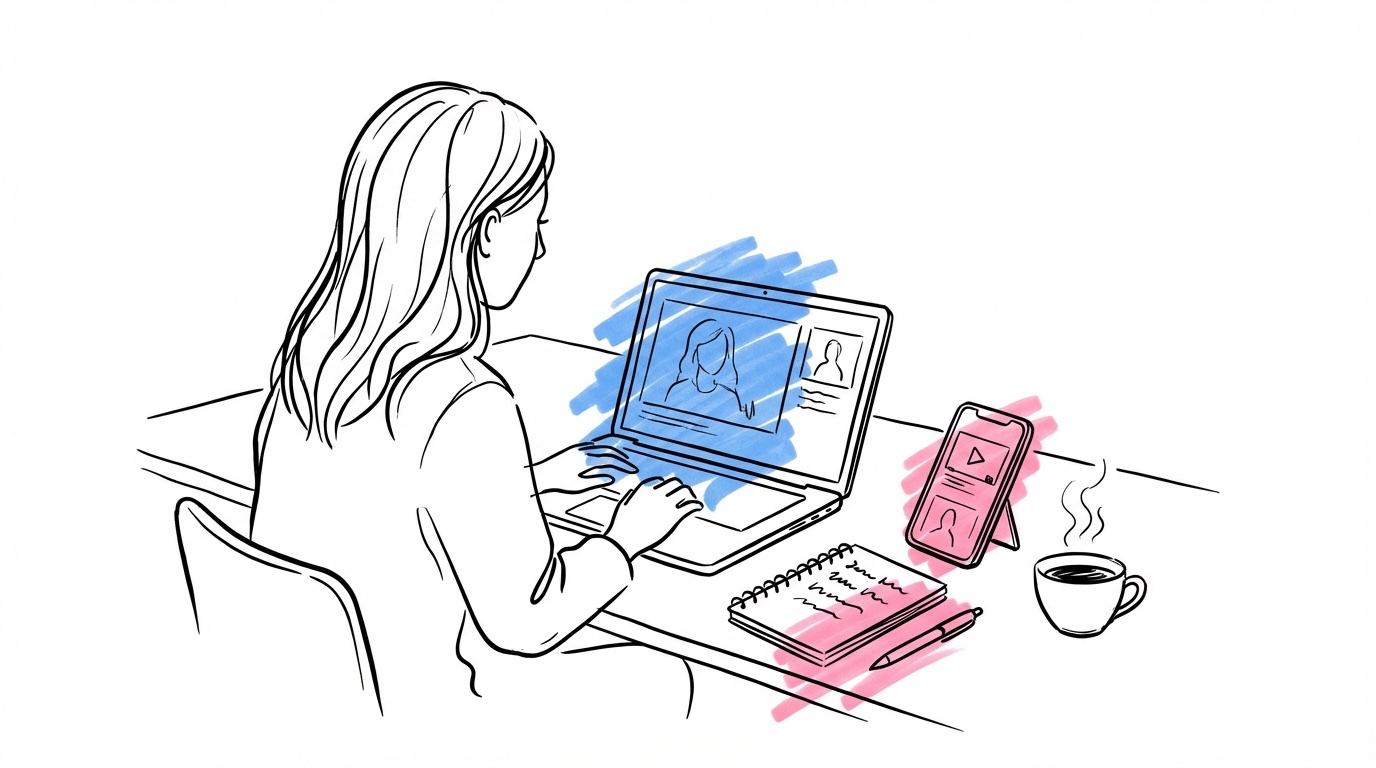 Person bläddrar bland vigselförrättarprofiler på en laptop med anteckningsblock bredvid