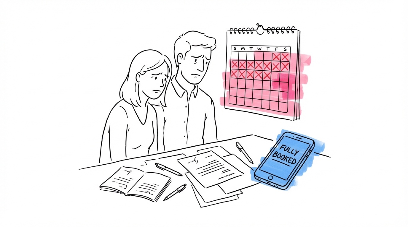 Stressat par tittar på kalender med överkorsade datum och fullbokat-meddelande på telefonen