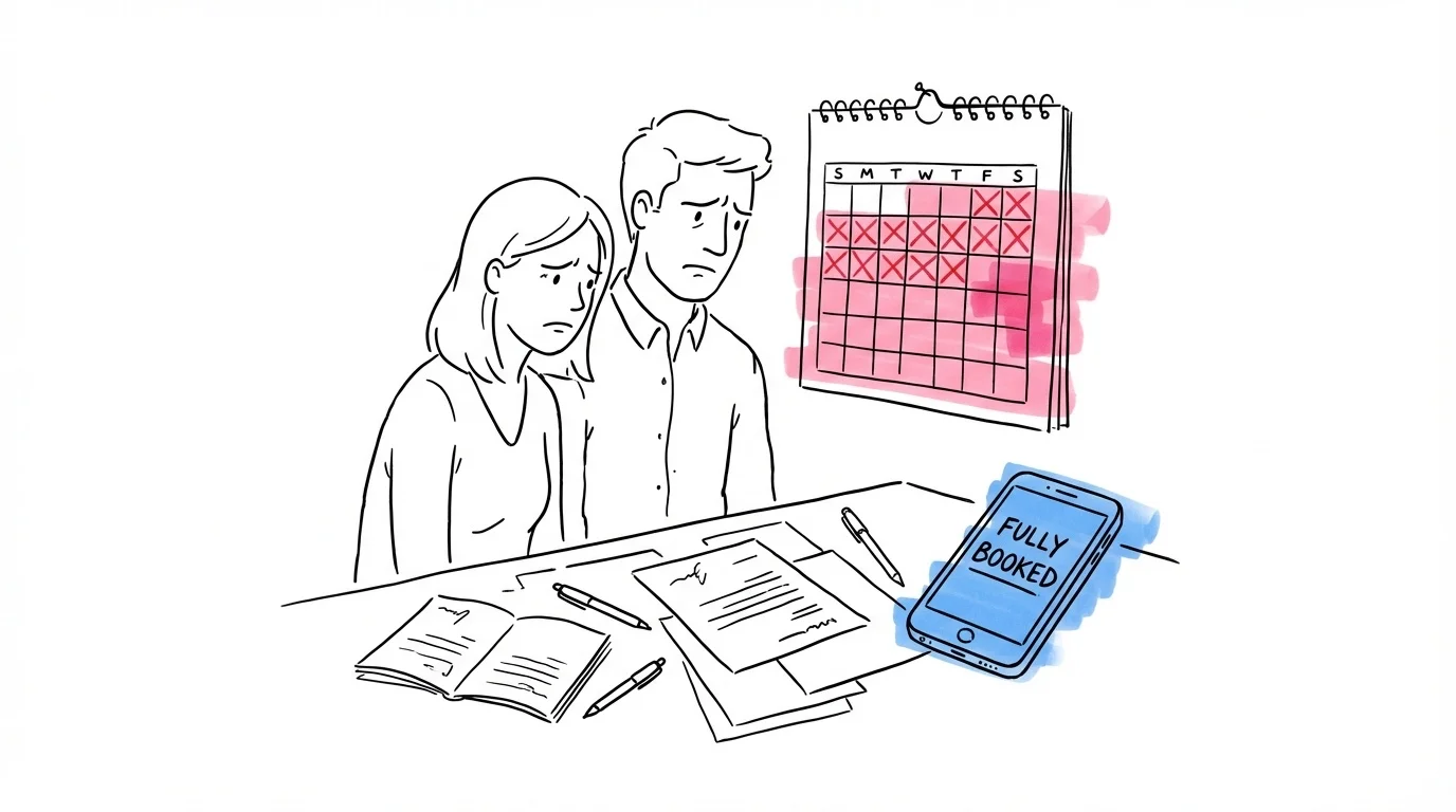 Stressat par tittar på kalender med överkorsade datum och fullbokat-meddelande