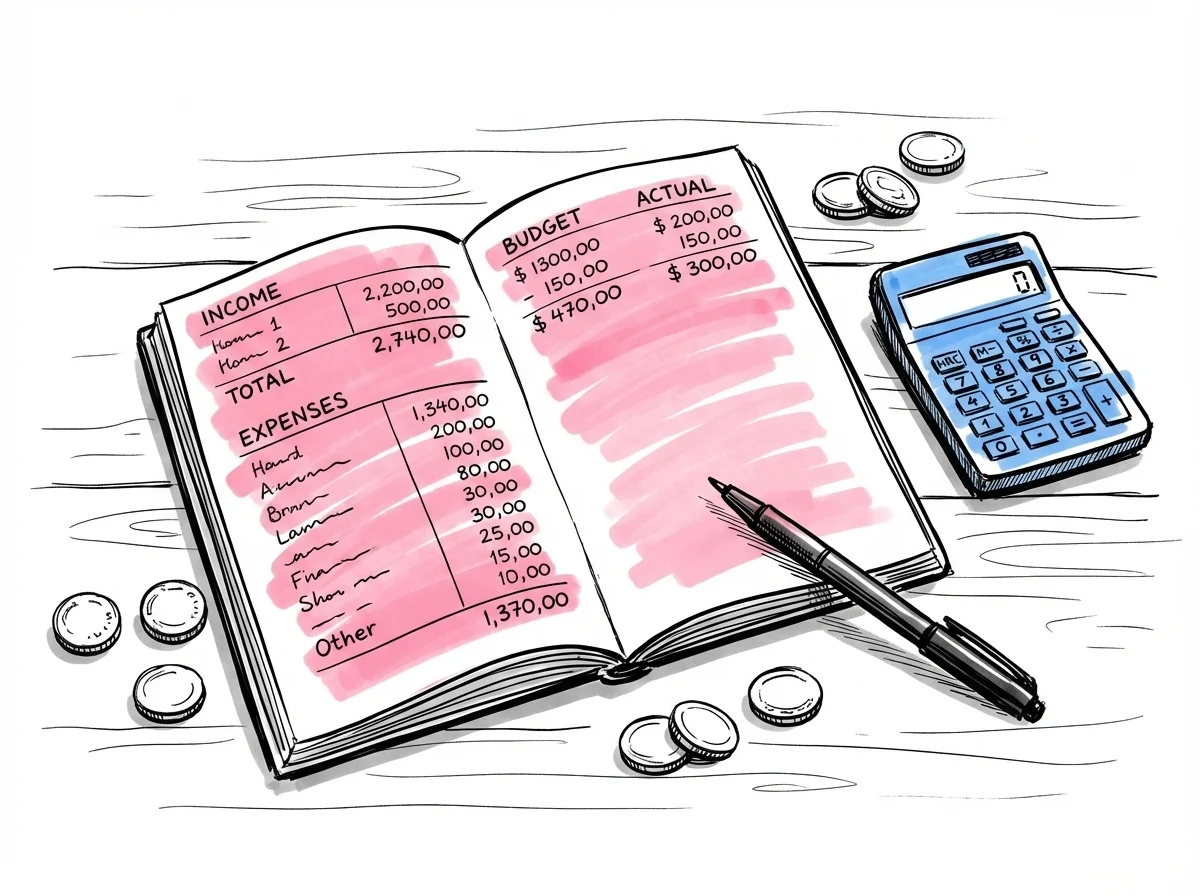 Budgetplanerare \u00f6ppen p\u00e5 ett bord med tv\u00e5 kolumner av siffror, en kalkylator och n\u00e5gra mynt