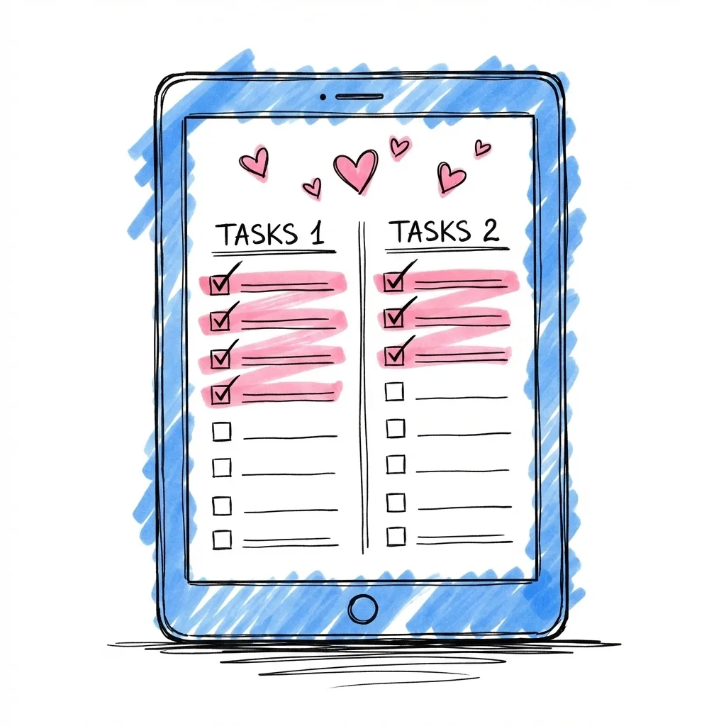 Planerare som visar tv\u00e5 parallella uppgiftslistor med bockmarkeringar och sm\u00e5 hj\u00e4rtan
