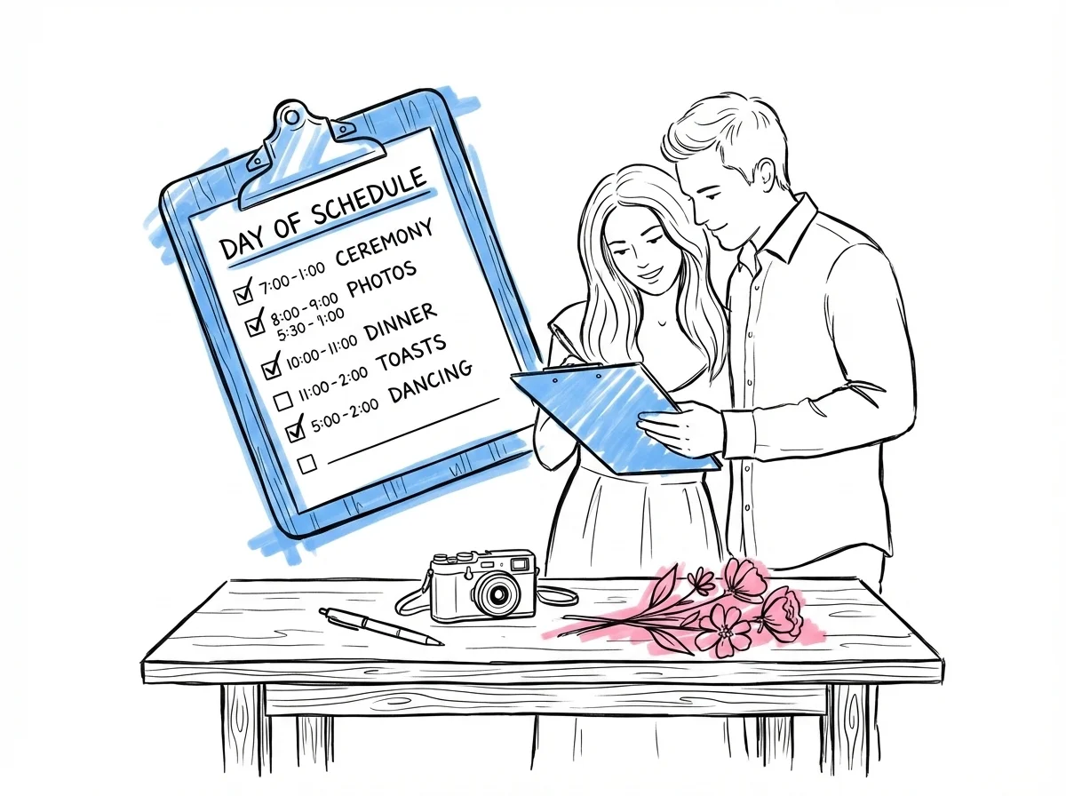 Par som g\u00e5r igenom ett dagsschema, med klippbr\u00e4de, blommor och en kamera i n\u00e4rheten