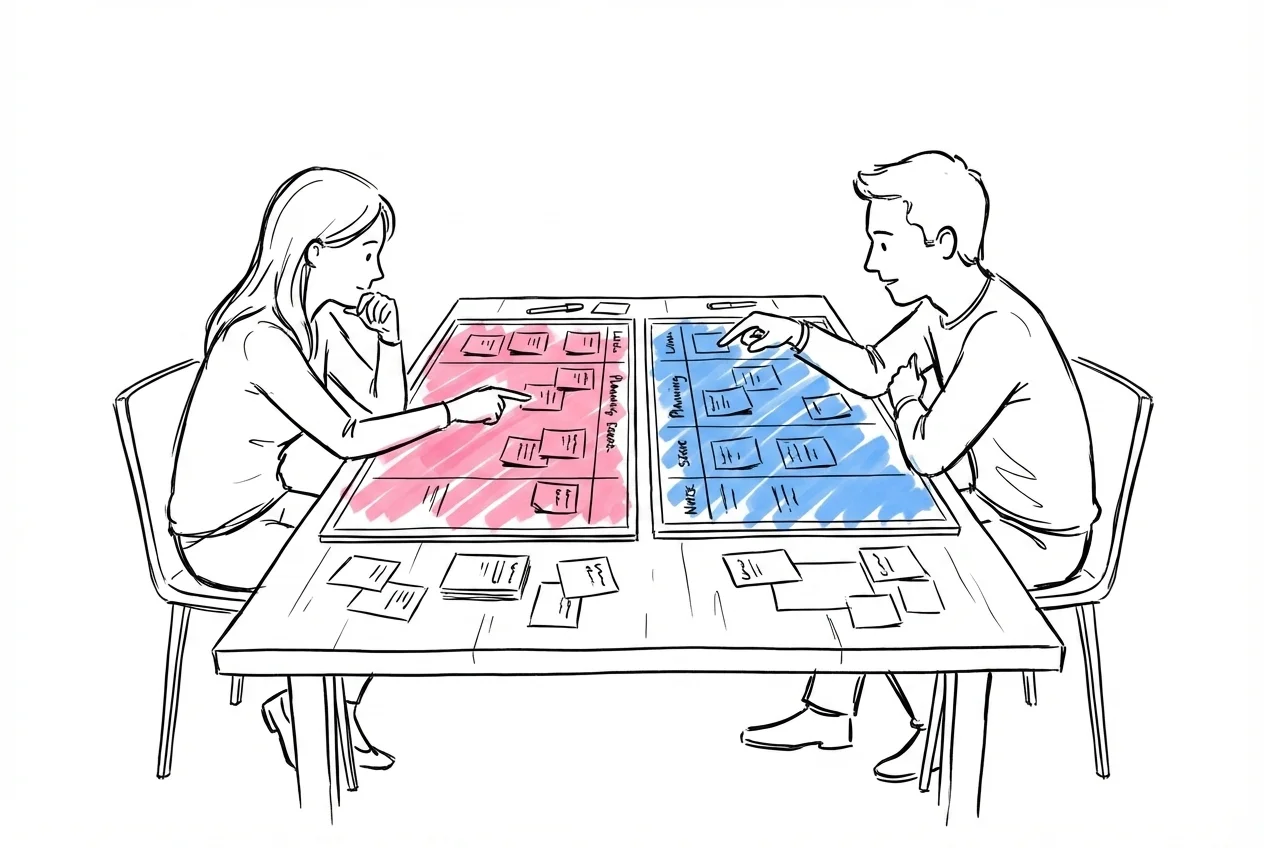 Par som sitter vid ett bord och planerar med tv\u00e5 eventlistor framf\u00f6r sig, sticky notes utspridda