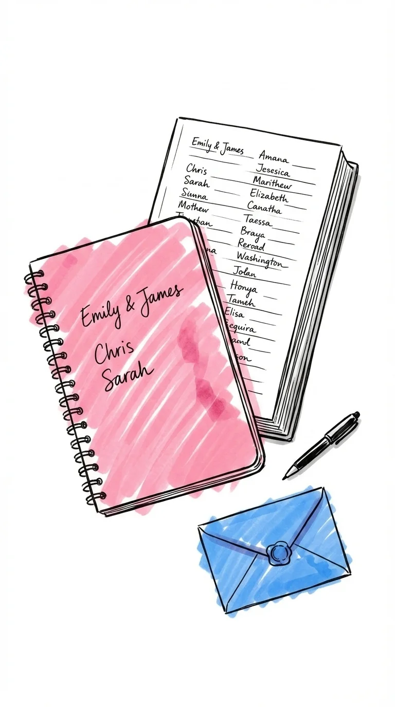 Tv\u00e5 \u00f6verlappande g\u00e4stlistor, en kort och en l\u00e4ngre, med ett litet kuvert bredvid