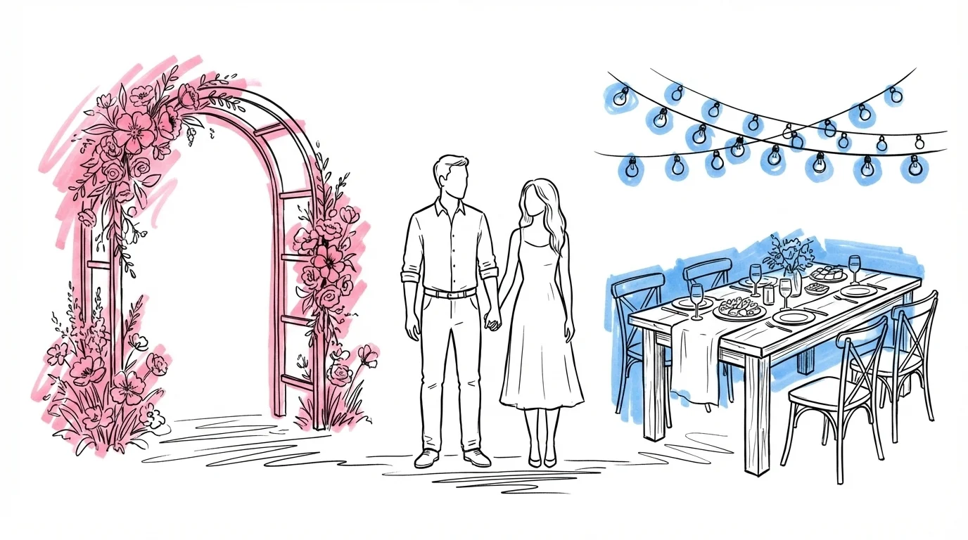 Par som st\u00e5r mellan tv\u00e5 firanden \u2014 en intim vigselscen och en st\u00f6rre festuppst\u00e4llning, Lovio brand illustration