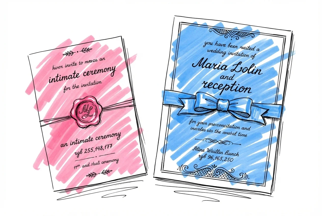 Tv\u00e5 br\u00f6llopsinbjudningar sida vid sida \u2014 en mindre och enkel, en st\u00f6rre och mer utsmyckad