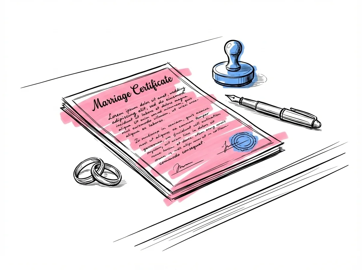 Officiellt dokument p\u00e5 ett skrivbord med tv\u00e5 ringar, en penna och ett sigill