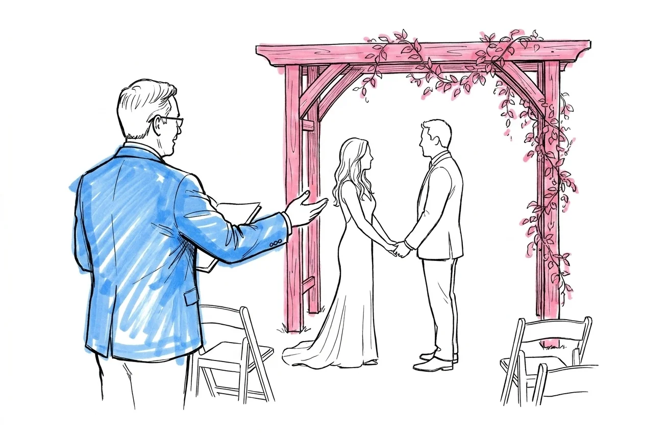 Vigselförrättare talar till par utomhus under enkel båge dekorerad med grönska, paret håller händer