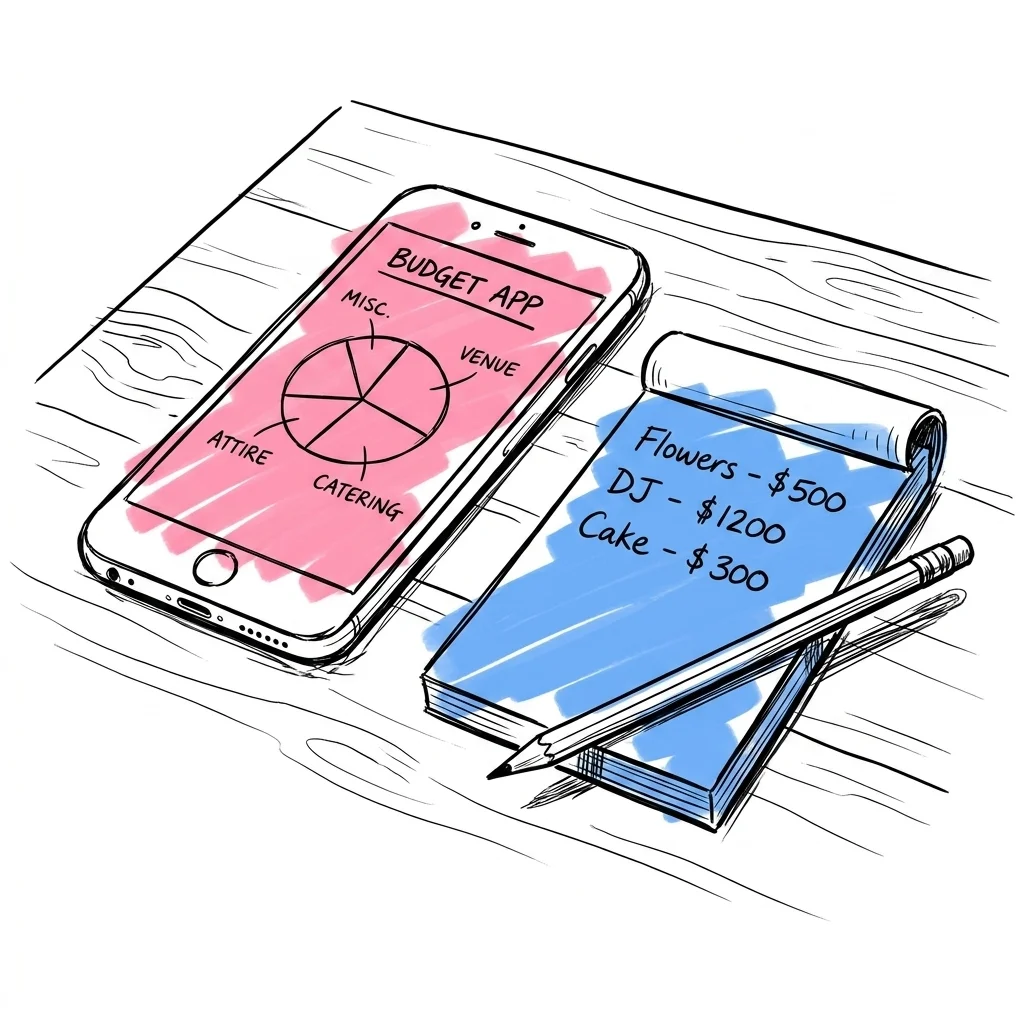 Smartphone som visar budgetapp med cirkeldiagram, bredvid anteckningsblock med bröllopskostnader