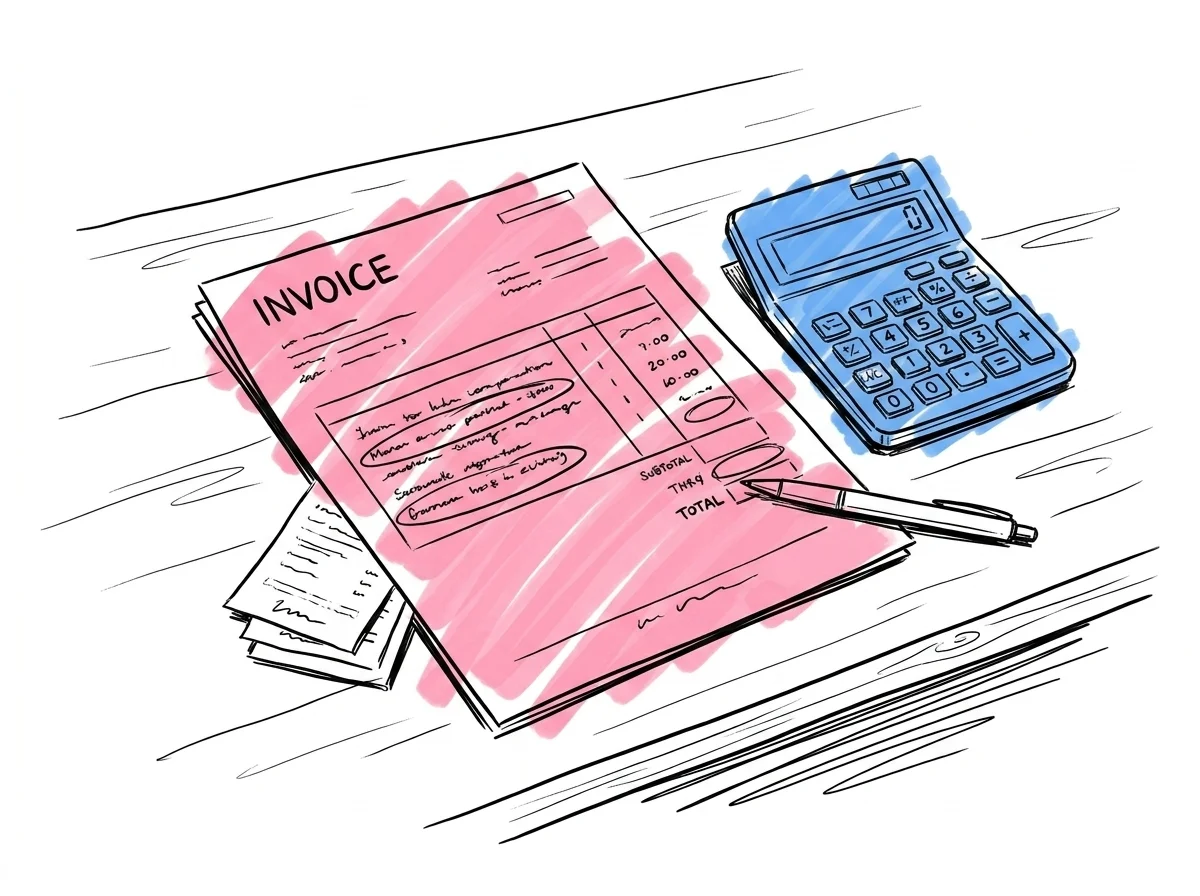 Faktura på skrivbord med inringade poster, miniräknare och penna bredvid