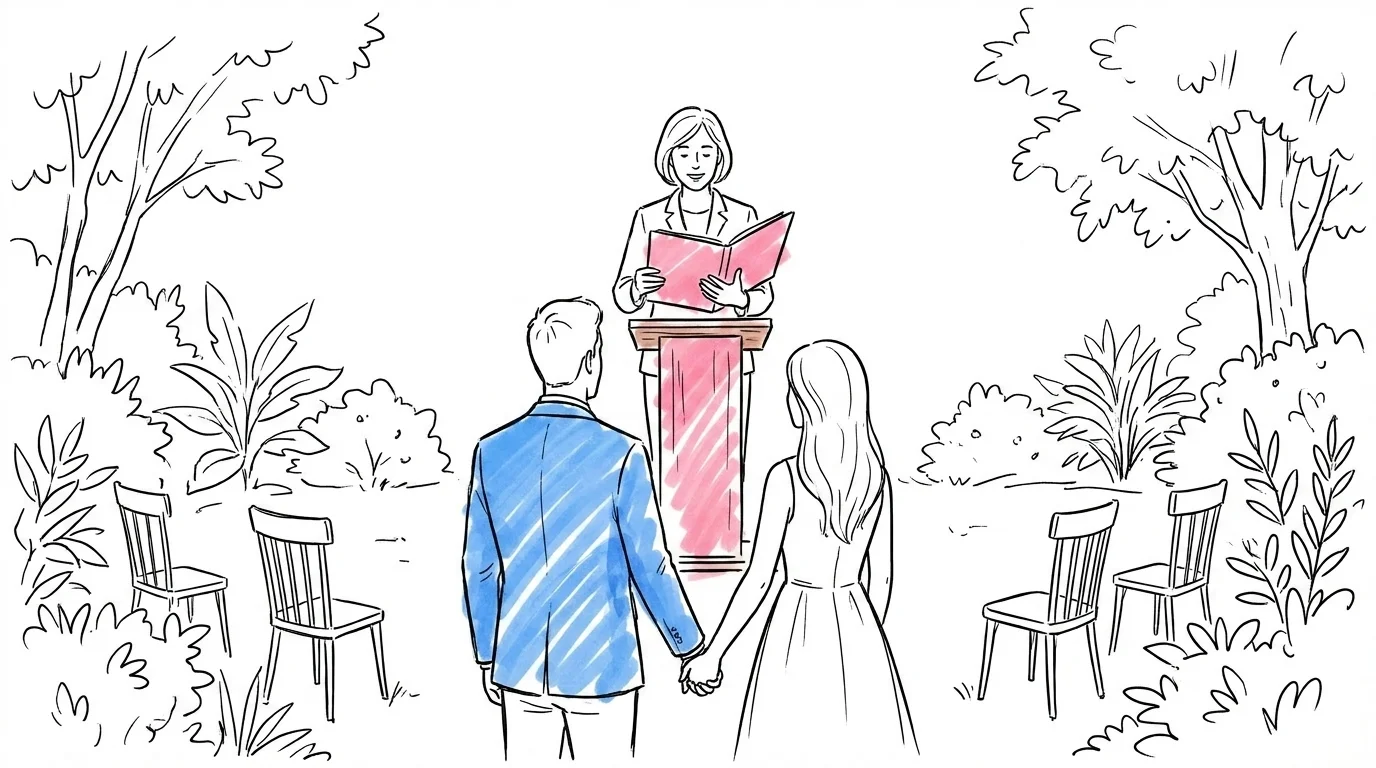 Vigselförrättare vid podium framför brudpar i trädgårdsmiljö, med blommor och enkel dekoration