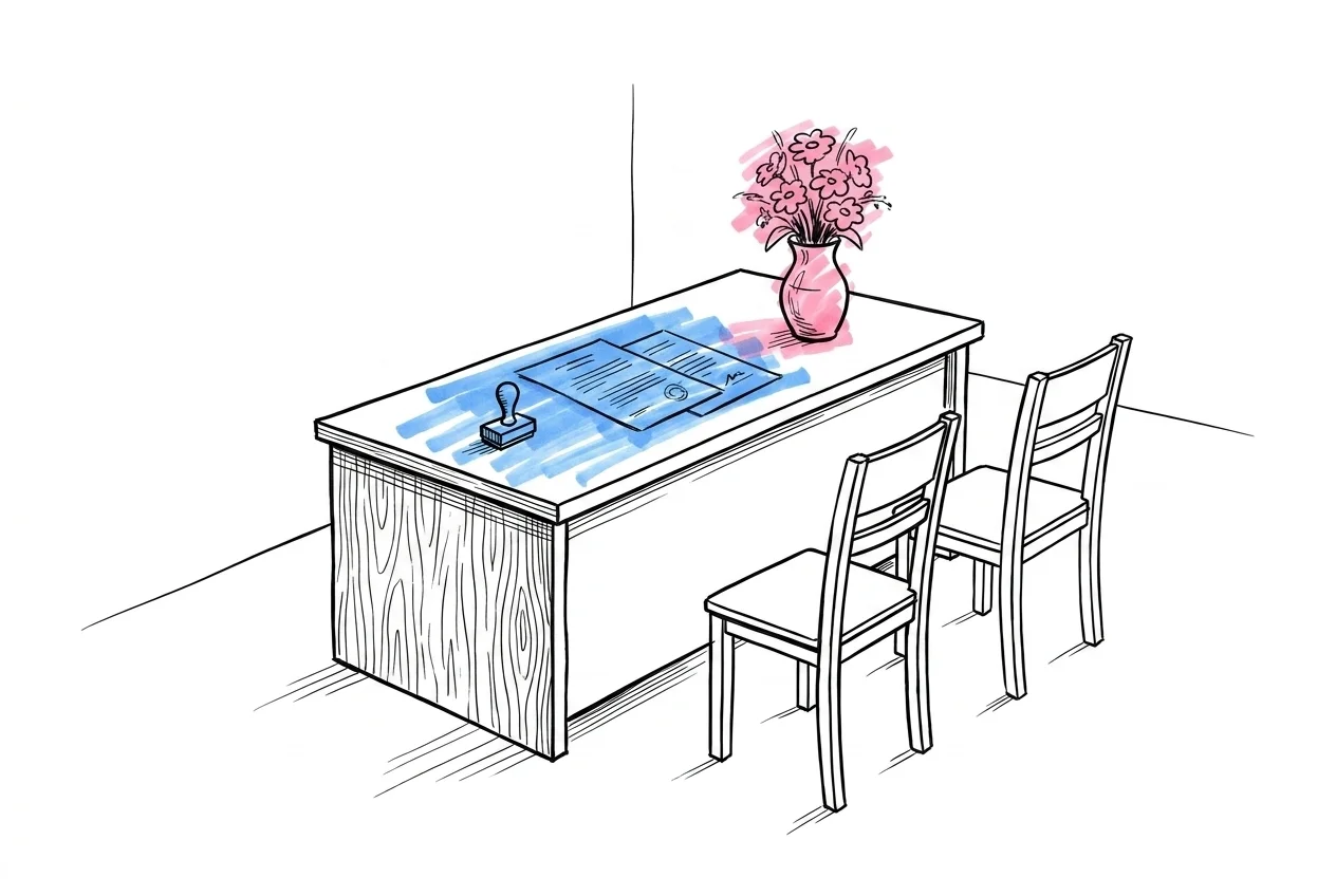 Enkel ceremoni i kommunhus — skrivbord med officiella papper, två stolar och liten blomsterarrangemang